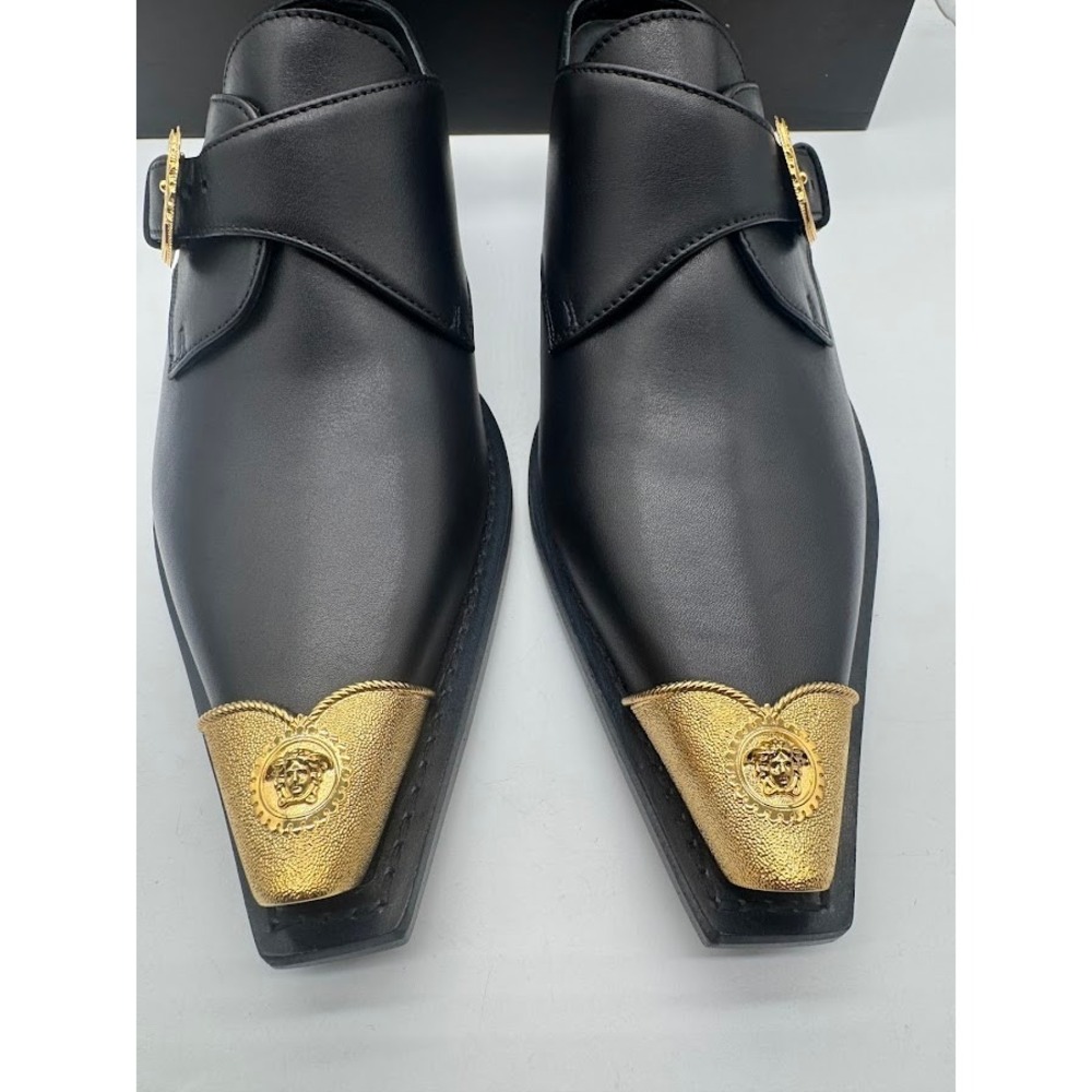 Versace Sabot Leather Western Mule Medusa Gold Toe Black EU 39.5 US 9 NIB - Picture 4 of 14